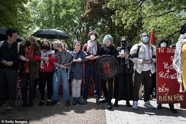 Protesters at a pro-Palestinian camp on the University of Chicago campus