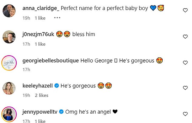 The name George was a hit with Rhian's fans, as they took to the comments to say that the name 