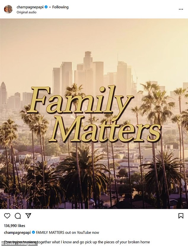 Announcing the song on Instagram, Drake captioned the post: 'FAMILY MATTERS is now available on YouTube.' Stop trying to piece together what I know and go pick up the pieces of your broken home.