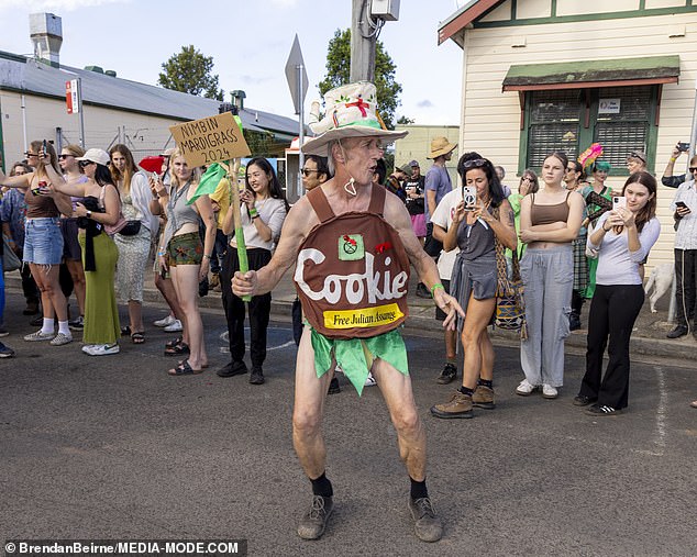 An enthusiastic reveler appeared dressed as a giant cookie and wearing a teapot hat.