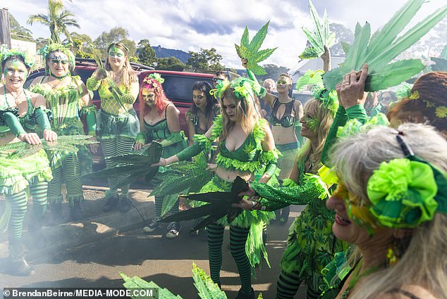 Revelers donned their green suits for the Nimbin MardiGrass 'Big Rally', which is billed as a celebration of marijuana and calling for an end to prohibition.