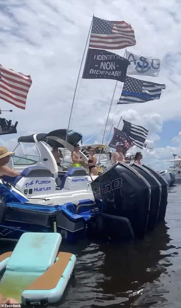 Dozens of boaters drank alcohol on the water and boats flew American and Russian flags. 