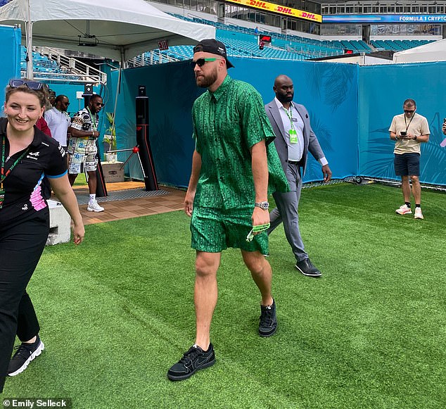 Travis Kelce arrived at Hard Rock Stadium shortly after 3 p.m. after being at the Kentucky Derby.