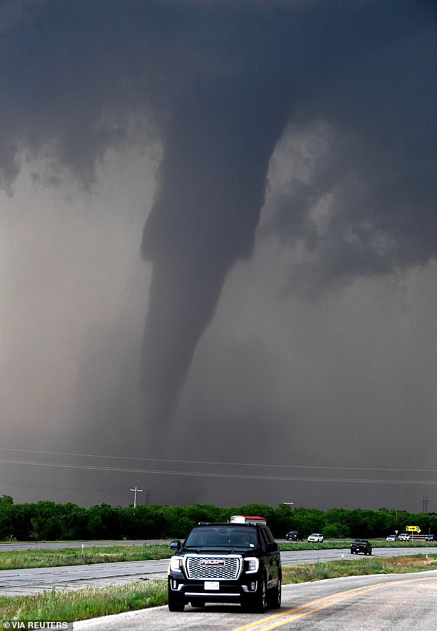 A close-up of the terrifying tornado spinning on US 277 west of Hawley on Thursday.