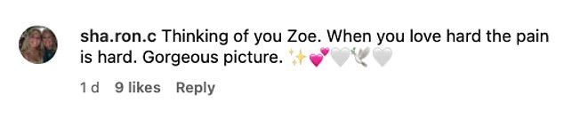 Fans and celebrity friends sent messages of support in the comments, including Zoe's Radio 2 substitute Gaby Roslin, who said: 