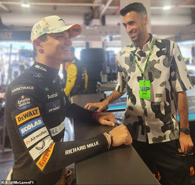 Inter Miami midfielder Sergio Busquets chatted with Lando Norris before the race without Leo Messi