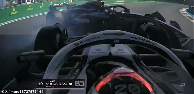 Sargeant's car was damaged after Magnussen's vehicle struck his left rear wheel in a right turn.