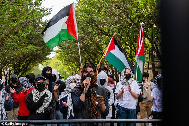 The sketch comes after weeks of unrest at the Ivy League, which began with the establishment of the camp on April 17 (pictured: protesters at Columbia University on Tuesday afternoon).