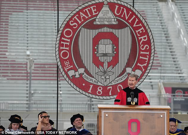 University President Ted Carter speaks during Ohio State's spring 2024 graduation ceremony on Sunday, but he did not mention the death.