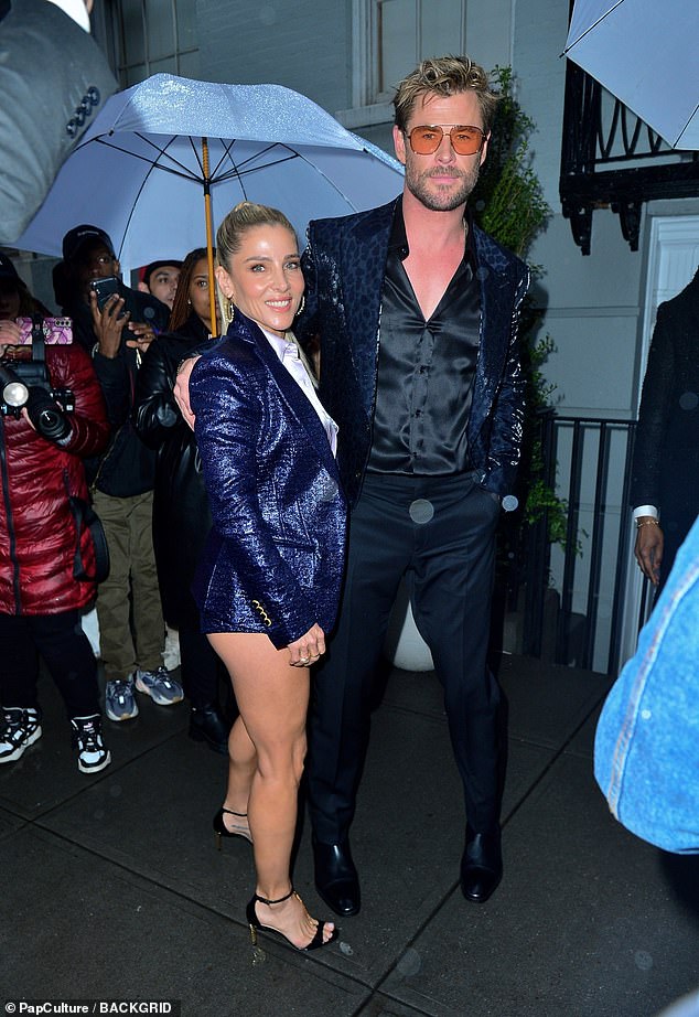 The couple took a fashion risk as they attended Anna Wintour's pre-Mat Gala gathering on Sunday, with Elsa showing plenty of leg in shorts despite the rainy weather.