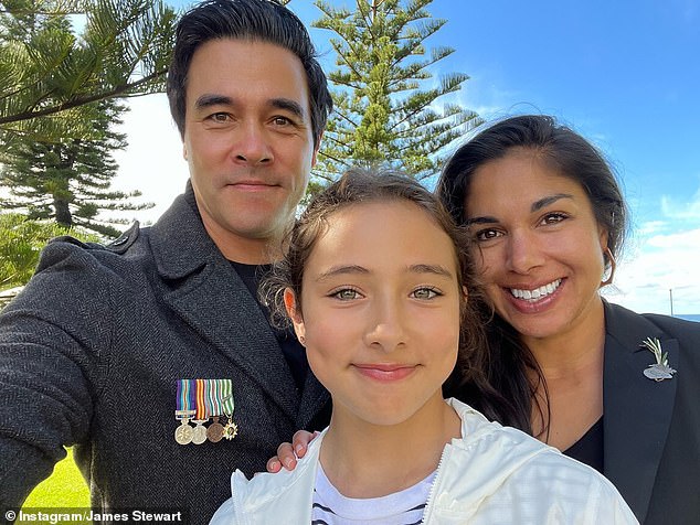 Stewart (left) shares his 11-year-old daughter Scout (center) with his ex-fiancée Jessica Marais, whom he met on the set of Packed to the Rafters in 2009. Pictured with Roberts (right).