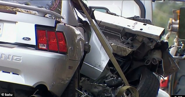 Peña's Mustang (pictured) reached 84 mph moments before the crash, which knocked down tree branches and shattered nearby windows.