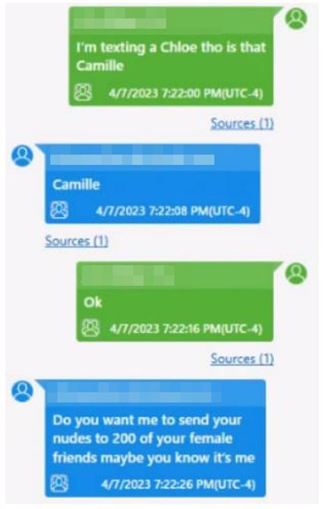 Text messages sent between a blackmailer and his victim who believed he was talking to a beautiful woman before the scammer threatened to expose his private images.