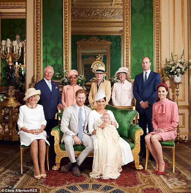 Archie on his christening day in July 2019 with his parents and (from left) Queen Camilla, King Charles, Doria Ragland, Lady Jane Fellowes, Lady Sarah McCorquodale, Prince William and Catherine, Princess of Wales.