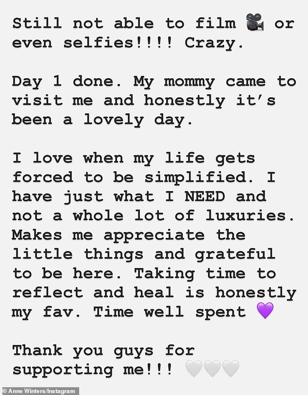 Winters shared another update on her Instagram Story on Sunday, writing that she was glad to be able to take a step back from her home life and focus on her well-being.