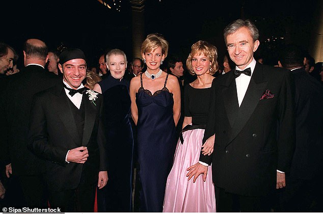 Diana had been invited to the event by Bernard Arnault (right), director of Dior. From left to right: John Galliano, Liz Tilberis, Diana and Helene Mercier, Arnault's wife