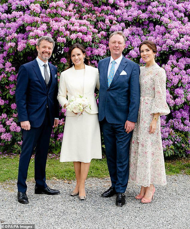 Crown Prince Frederik (far left) and Princess Mary (far right) attended the couple's wedding at Berleburg Castle in Germany.