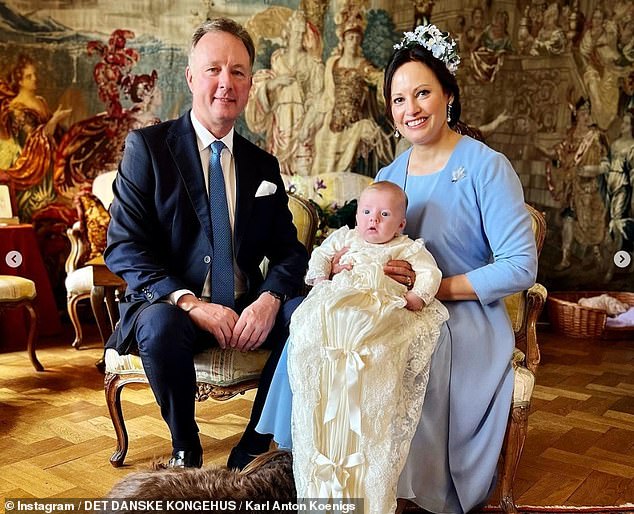 Images of the baptism, shared by the royal household's Instagram account, show the proud godparents smiling for a photo with the new parents and their two-month-old son.