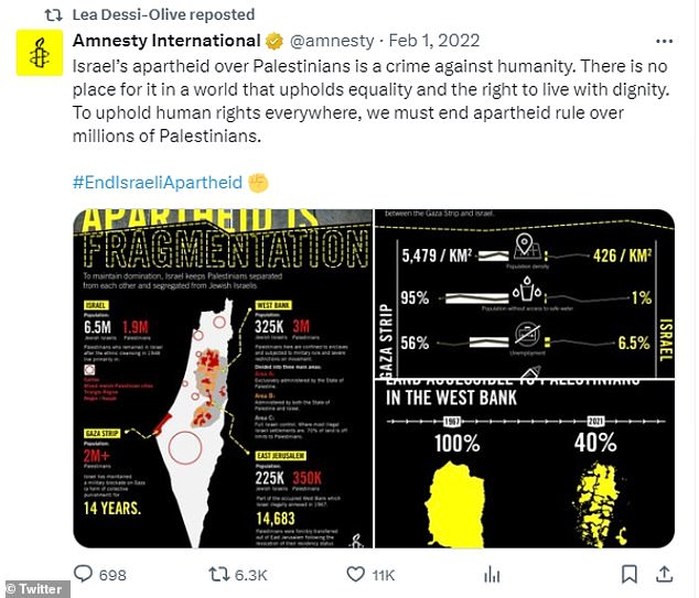 Dessi-Olive's latest activity on X shows that she is also passionate about the Palestinian cause, as she shared posts accusing Israel of apartheid.