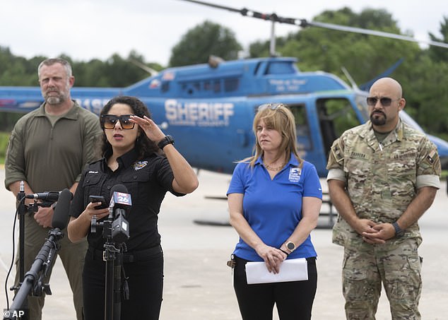 Harris County Judge Lina Hidalgo speaks before boarding a helicopter at David Wayne Hooks Memorial Airport to assess flood damage in the northern section of greater Houston, Saturday, May 4, 2024, in Spring, Texas.