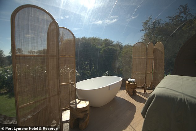 The dome features a freestanding bathtub with a geranium-scented Bamford bath.