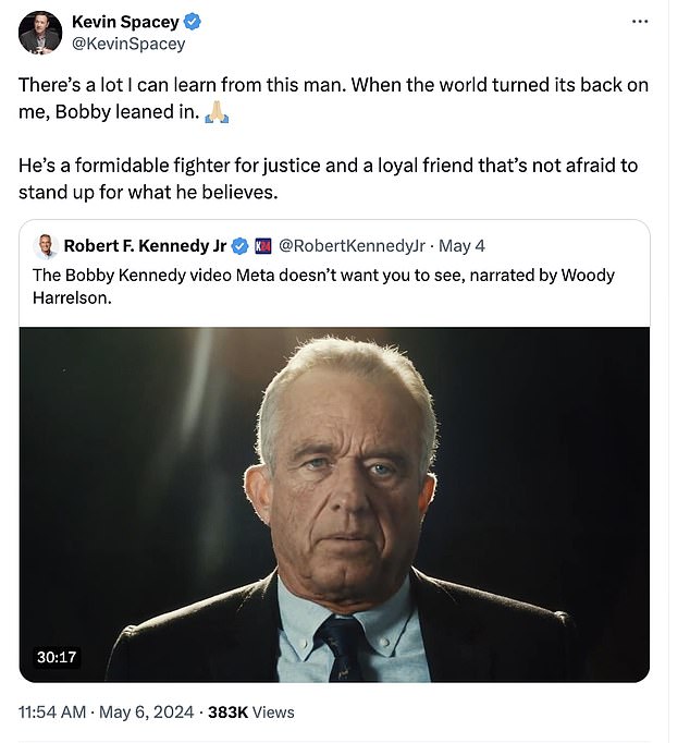 On Monday, Spacey praised RFK Jr., calling him a 