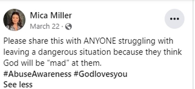 Miller urged her friends and followers to share her message with anyone struggling to reconcile their faith with their abusive relationships.