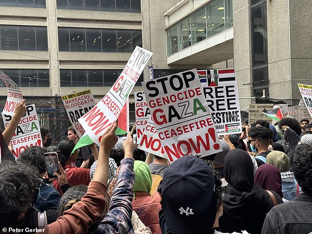 The posters called for a ceasefire and called for the war in Gaza to stop.