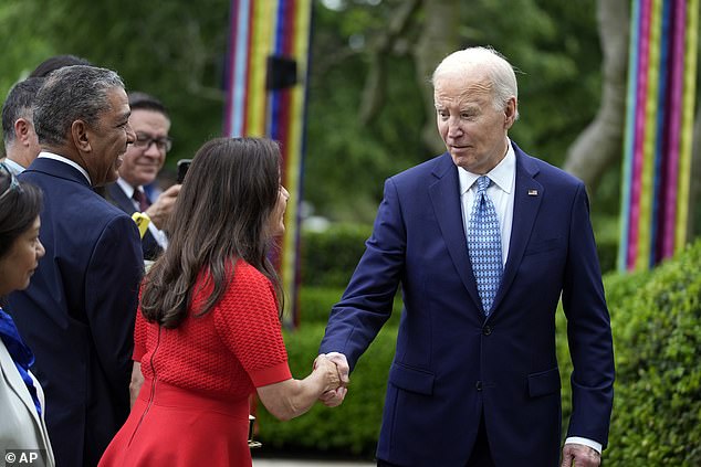 President Joe Biden arrives to speak during a Cinco de Mayo reception in the Rose Garden of the White House. Among the crowd were legislators such as Adriano Espaillat and cabinet secretaries.