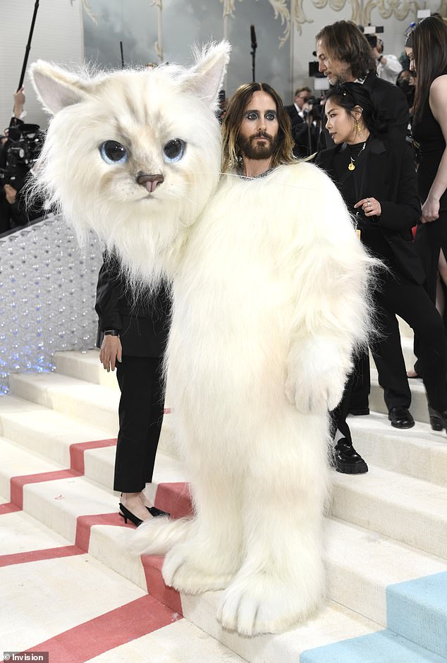 Last year's gala paid tribute to the late designer Karl Lagerfeld, with Jared Leto dressed as Choupette, the Chanel icon's beloved cat (pictured).