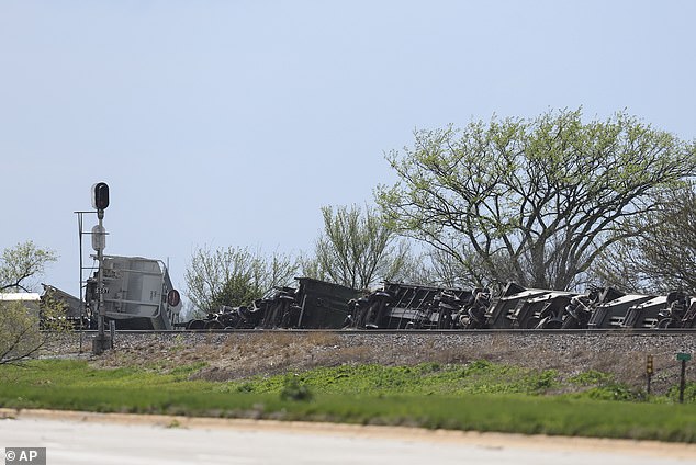 BNSF train cars derailed along U.S. Route 6 after a tornado ripped through the area between Waverly and Lincoln.