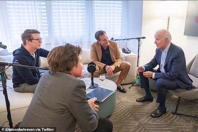 President Joe Biden sits down with actors Will Arnett, Jason Bateman and Sean Hayes for an episode of the 'Smartless' podcast in November 2022.