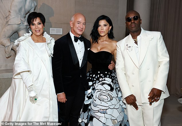 Sánchez and Bezos pose for a photo at the Met Gala with Kris Jenner (pictured left) and Corey Gamble (pictured right)