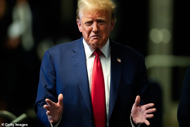 Donald Trump speaking to reporters in Manhattan Criminal Court after concluding testimony on May 6.