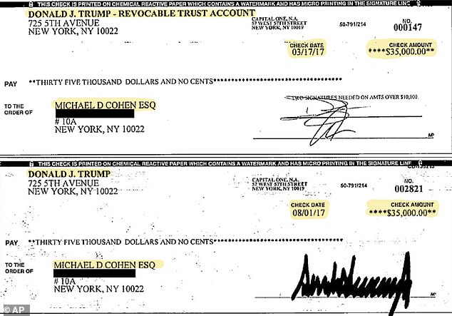 For the first time in the trial, the jury was shown a series of checks made out to Cohen with Trump's signature.