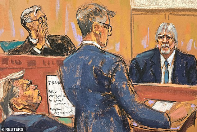 A sketch of McConney being questioned by prosecutor Matthew Colangelo on May 6 as Trump looks on in Manhattan criminal court.