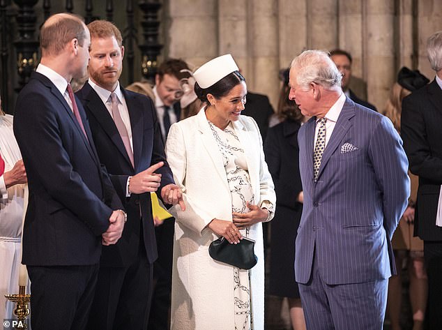 March 11, 2019: Harry and Meghan speak with William and Charles at Westminster Abbey.