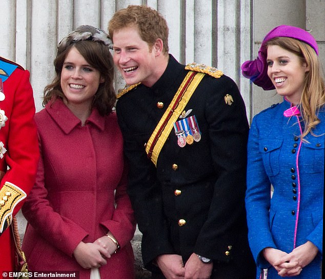 June 16, 2012: Prince Harry with Princesses Eugenie and Beatrice at Buckingham Palace.
