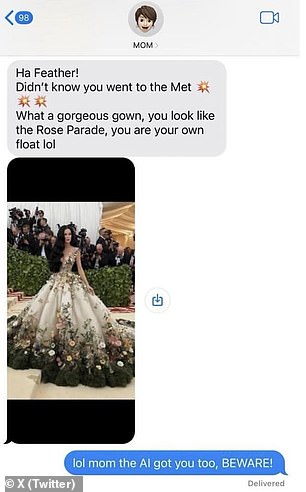 Katy Perry posted a screenshot of her conversation with her mother, who had fallen in love with the viral images, thinking her daughter had attended the Met Gala this year (above).