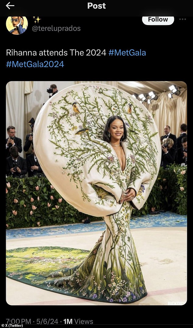 Social media was abuzz with AI-created deepfakes purporting to show images of the rich and famous at the 2024 Met Gala, including this realistic image of Rihanna (above). This image of Rihanna, however, was not made by Sali or her fellow fan Kauán.