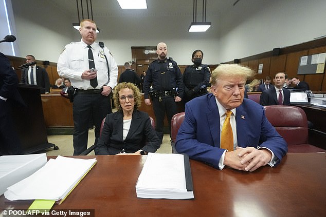 Trump did not look directly at Daniels, with whom he denies having an affair, but instead watched her testimony on the video screen in front of him, frowning.