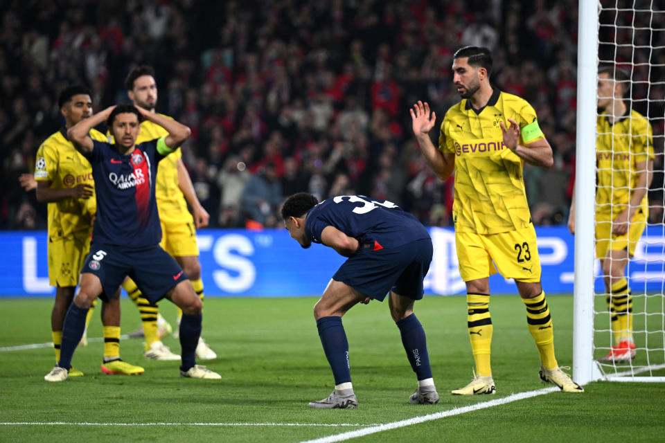 PARIS, FRANCE - MAY 7: Warren Zaire-Emery of Paris Saint-Germain reacts after his shot hits the post during the second leg match of the UEFA Champions League semi-final between Paris Saint-Germain and Borussia Dortmund at the Parc des Princes on May 7. 2024 in Paris, France. (Photo by Matthias Hangst/Getty Images)