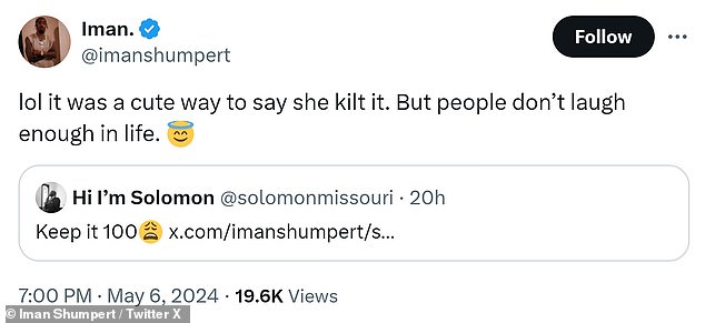 In another response, Shumpert further explained why he decided to send a backhanded compliment instead of mentioning his ex-wife by name. 'Haha, that was a nice way of saying that she (killed him). But people don't laugh enough in life