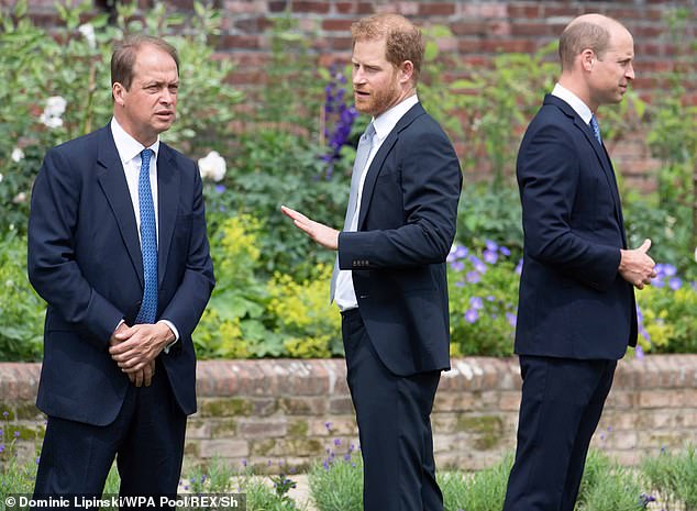 Instead, the Duke of Sussex went to dinner with Guy Monson, who attended the 2021 unveiling of a statue of Princess Diana at Kensington Palace (pictured left, at the unveiling).