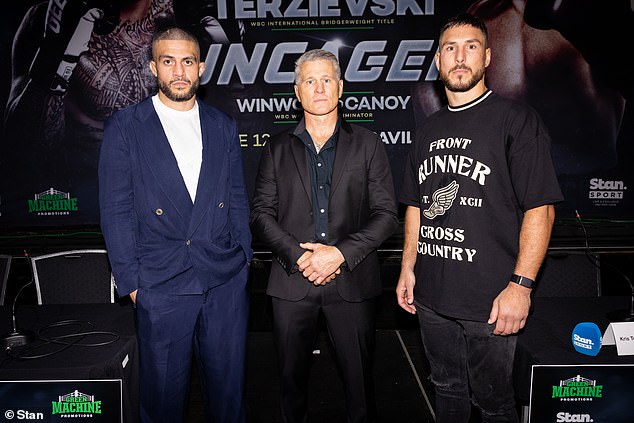 Pedro will postpone his boxing debut with Australian heavyweight champion Kris Terzievski (pictured right; Australian boxing great Danny Green in the middle)