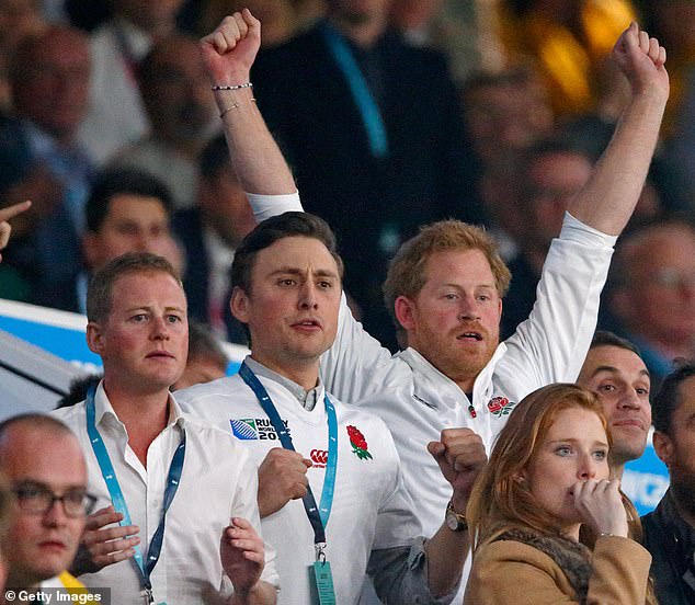 Prince Harry with Henry's brother Charlie Van Straubenzee and Guy Pelly at the England v Australia match in 2015