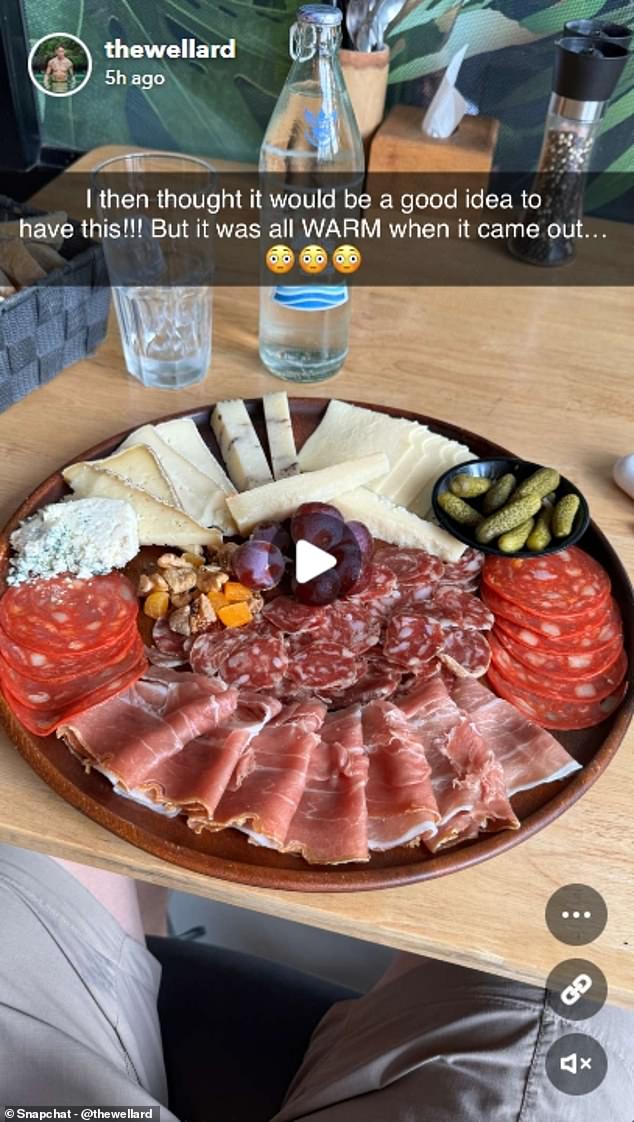 Weller and his companions were then served a charcuterie board of cheeses and meats 