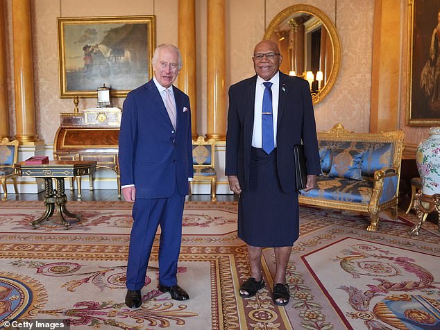 Charles met Fijian Prime Minister Sitiveni Rabuka yesterday as Harry arrived in the UK.