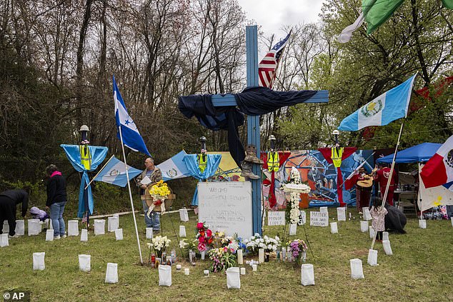 A memorial site honoring the construction workers who lost their lives in the Francis Scott Key Bridge collapse sits on the side of the road near the Fort Armistead Park lock.