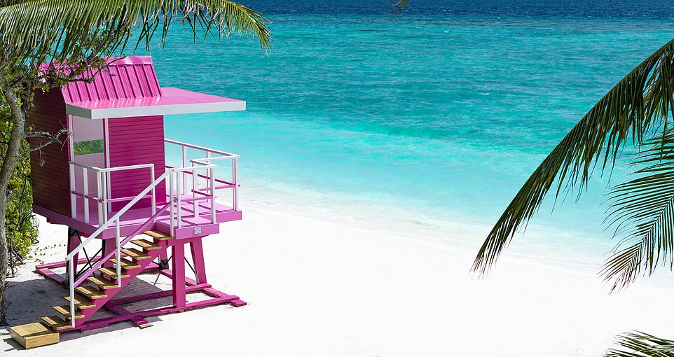 Above is Ifuru's eye-catching Barbie-style lifeguard station. Stays at the resort start at £750 per night, based on two people sharing a Sunset Sky Suite and include a premium all-inclusive deal 